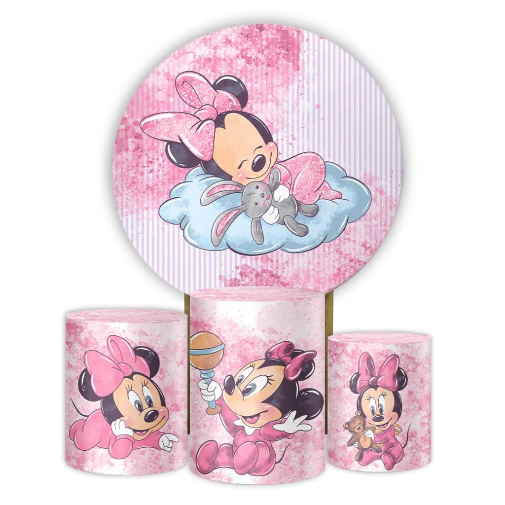 Kit Painel Redondo Sistema Veste Fácil Decoração Minnie Baby Festa Infantil Chá de Bebê Capas Sublimadas