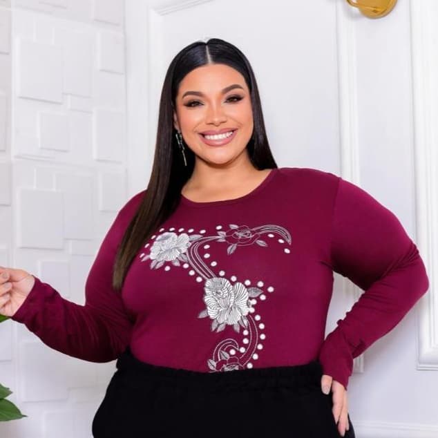 BLUSA PLUS SIZE MANGA LONGA FEMININA GOLA REDONDA BASICA ESTAMPADO STRASS VISCOLYCRA PREMIUM