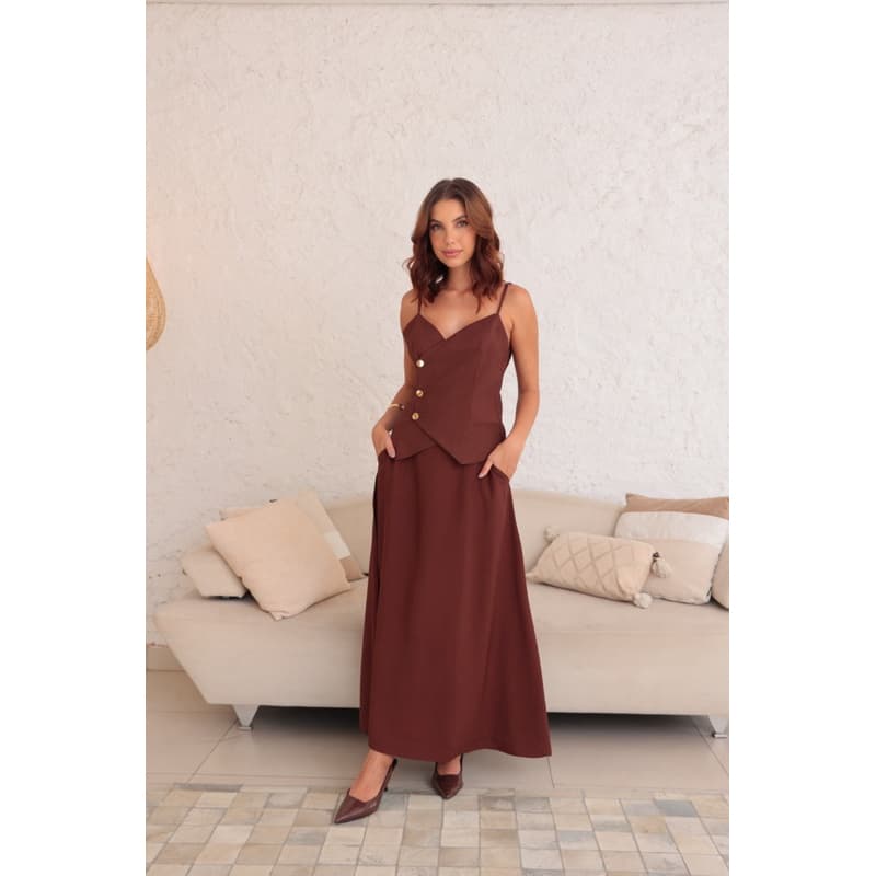 feminina conjunto saia blusa + saia tecido marrante  elegante -213