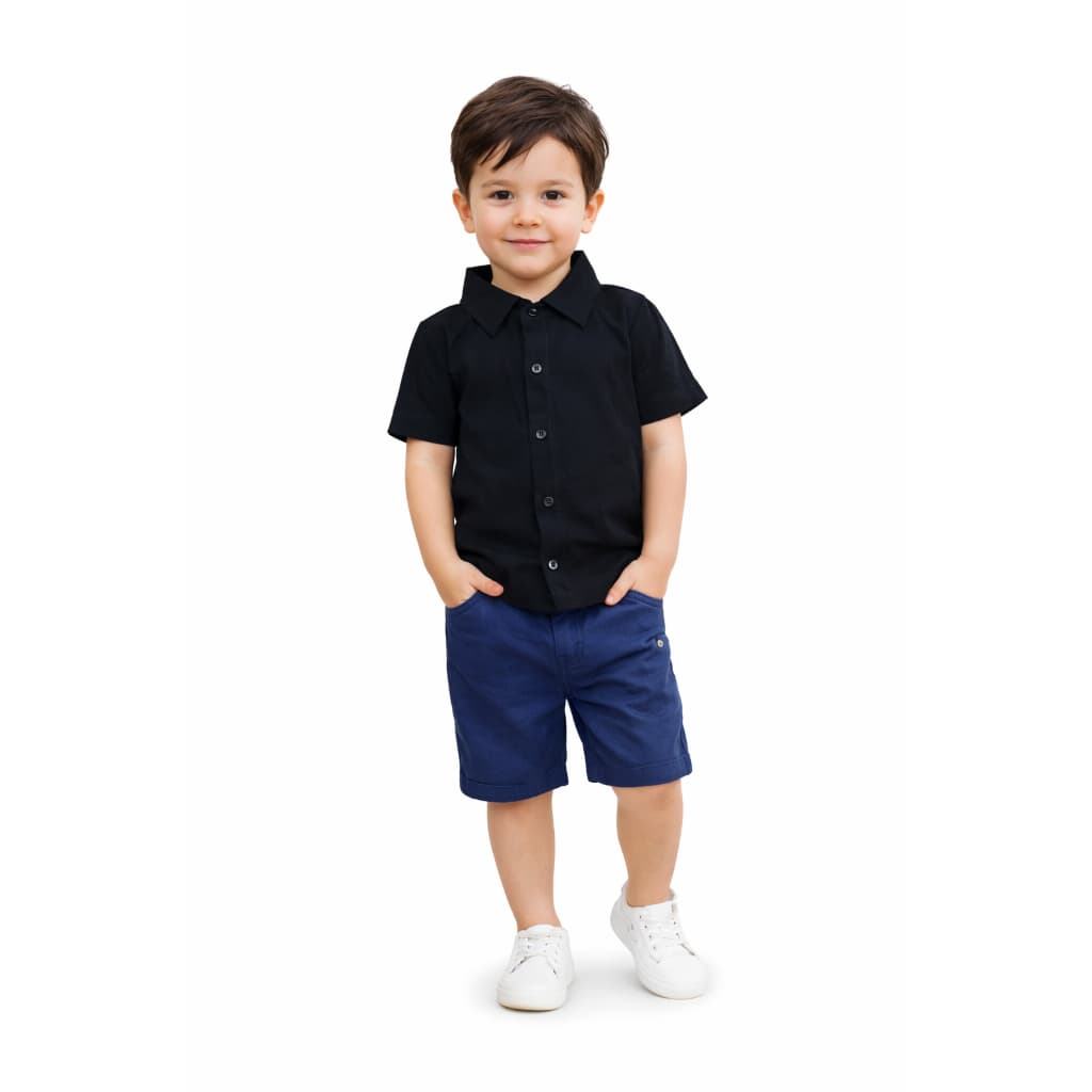 Conjunto Menino Camisa Social Preta + Bermuda Sarja – Estilo Social ENVIO JÁ