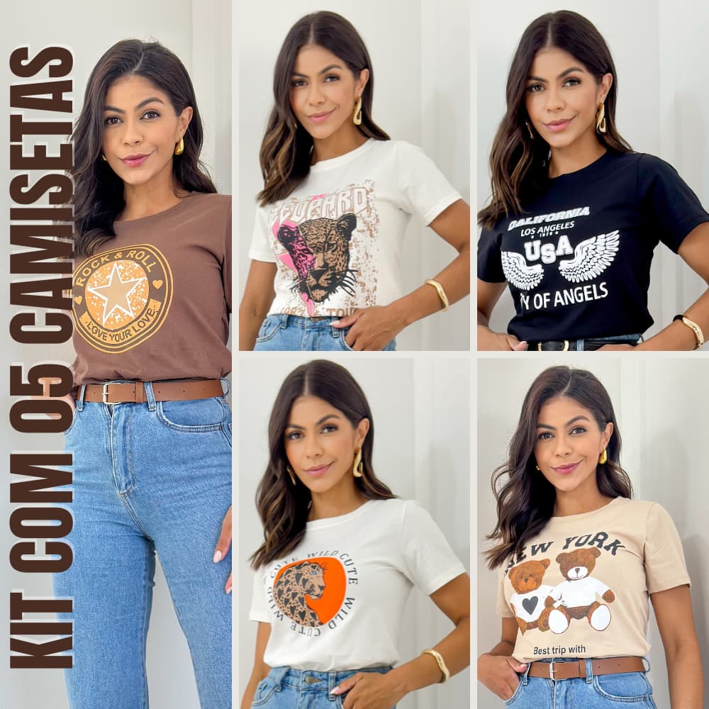 Kit 05 T-Shirt Camisetas Feminina Estampada Slin Casual Basiquinha Trabalho Baby Look Moda Verão Premium