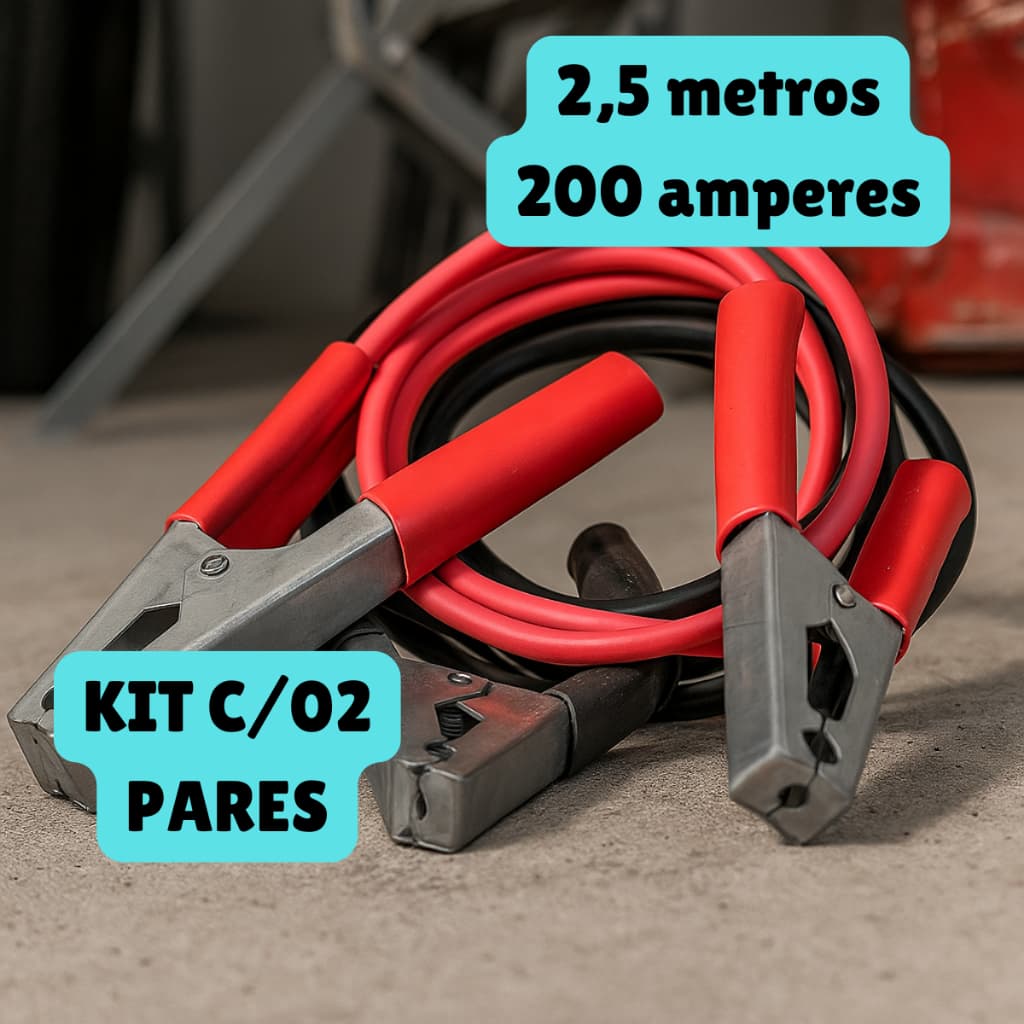 KIT com 02 Pares Cabo de Transferência Para Chupeta Carga de Bateria Para Carro Veículos Com 2,5m 200amp 12V