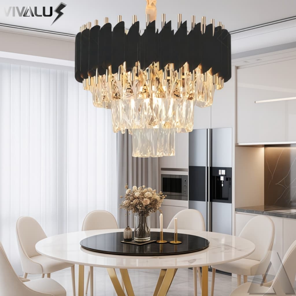 Lustre De Cristal Luminária Luxuoso Ambar K9 + E14*6 Para Sala De Jantar Hall Quarto Luxo Preto