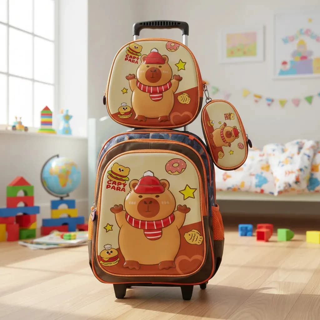 Kit Mochila com Rodinhas Escolar Infantil Com Estampa Capypara