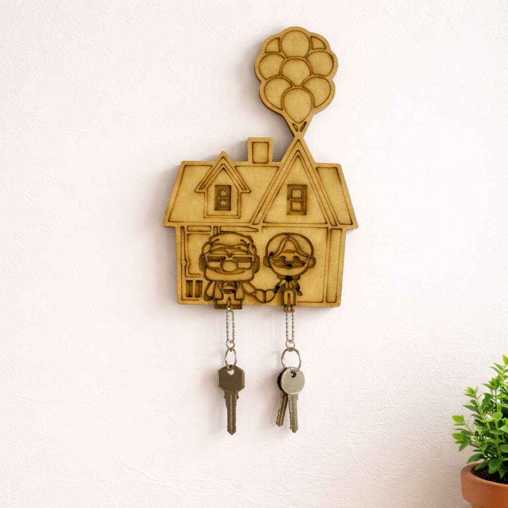 Kit Porta Chaves + Chaveiro Up Altas Aventuras Em MDF Cru Para Parede Com Fita Dupla Face