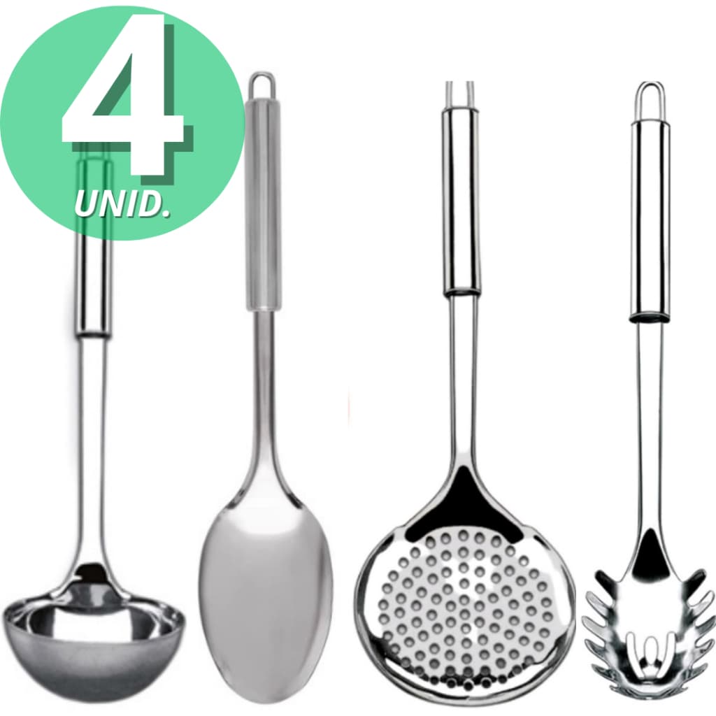 Kit 4 Utensílios de Inox para Cozinha Colher Espumadeira para Arroz Pegador Concha Grande
