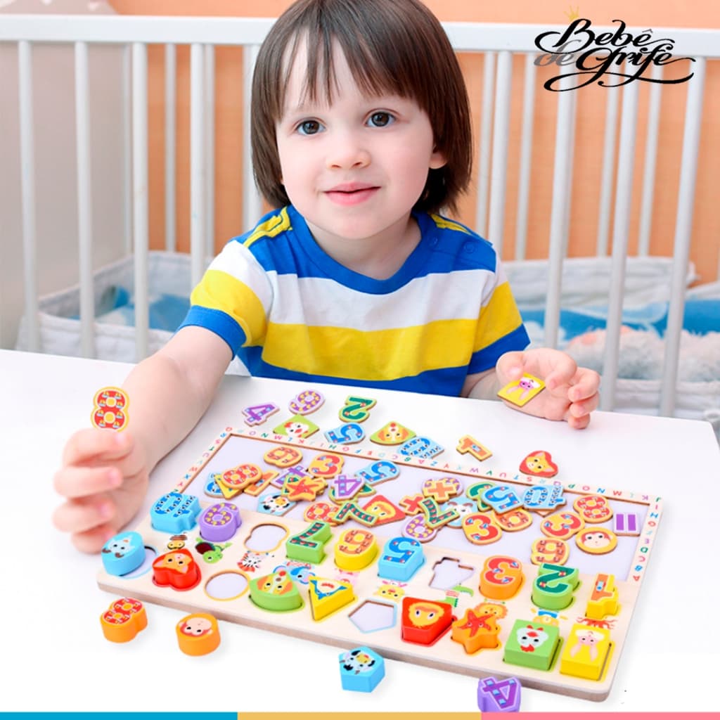 Brinquedo Educativo Tabuleiro 3 em 1 Madeira Números Formas Quadro Branco Montessori Pedagógico