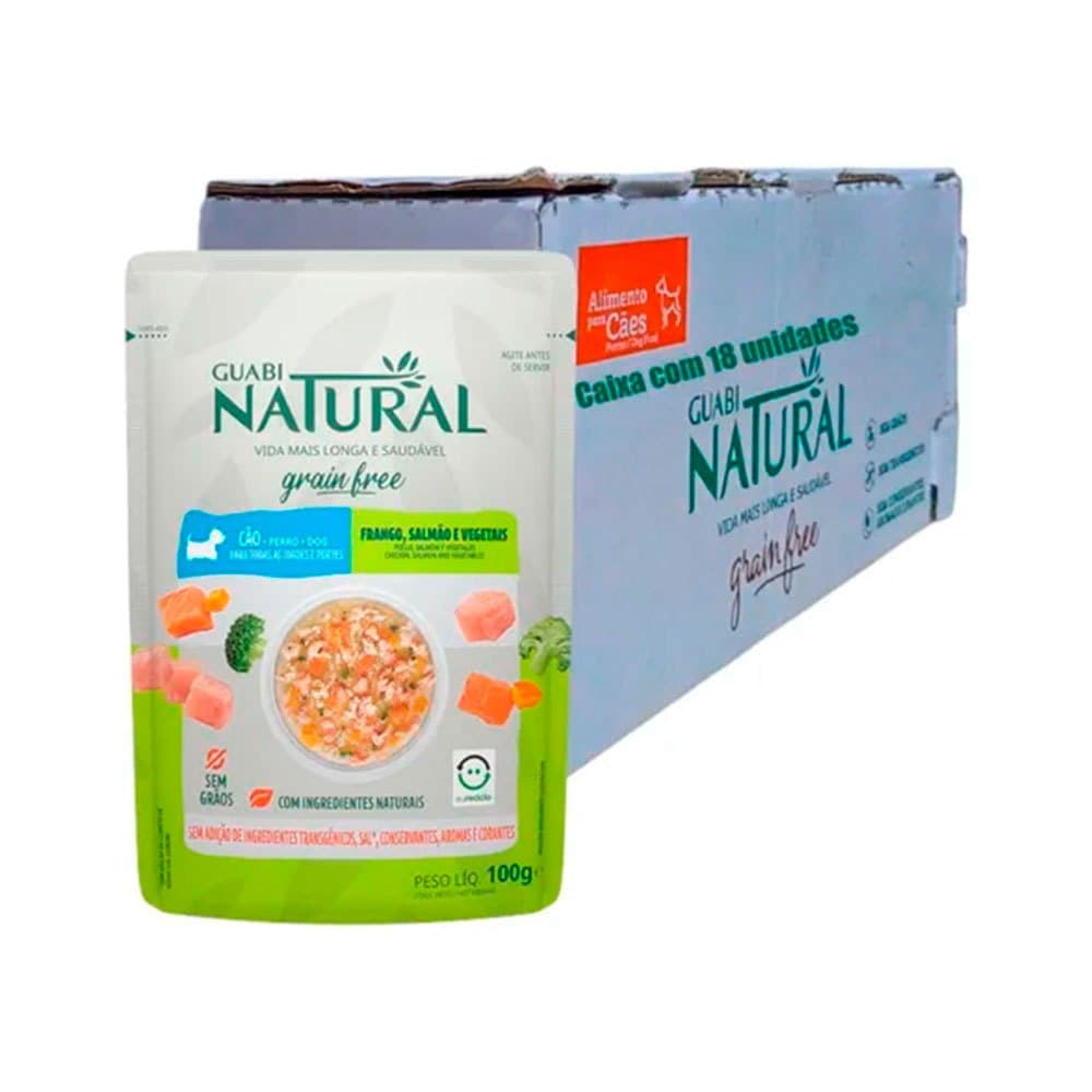 Kit 18un. Ração Úmida Guabi Natural Grain Free Sachê Cães Adultos Frango, Salmão e Vegetais 100g