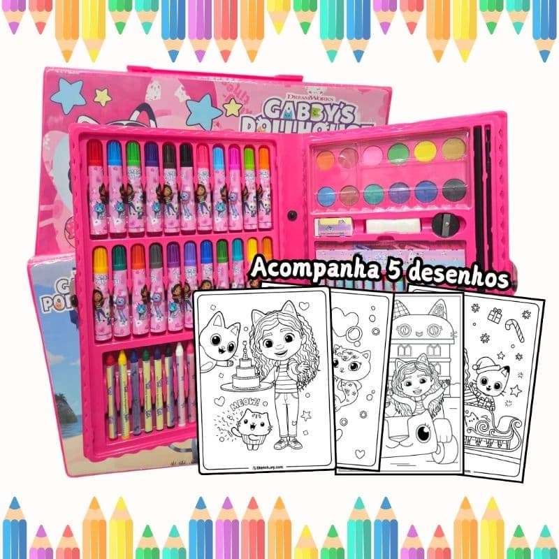 Estojo Maleta Pintura Infantil Gabby Casa Mágica Canetinhas Tinta Lápis Cores 86 peças + Desenhos Para Colorir