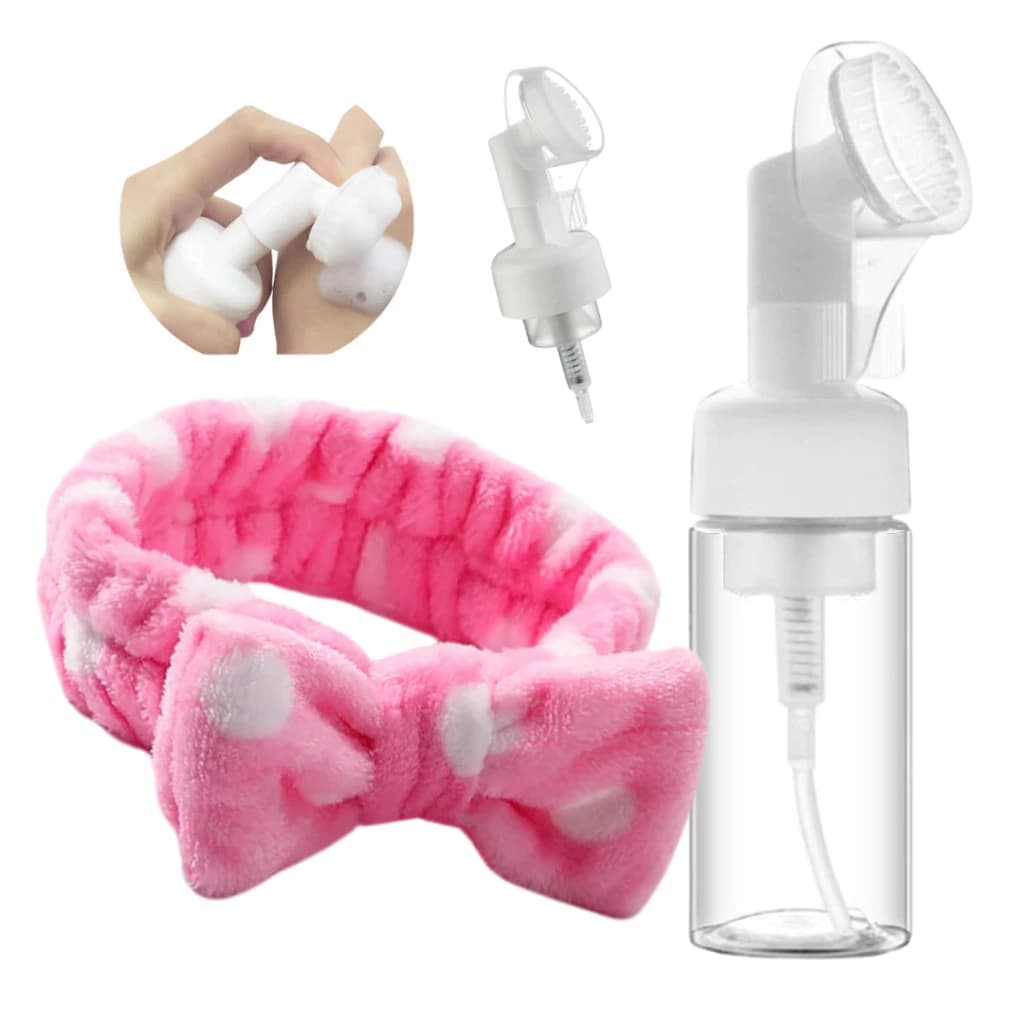 Kit 3 Peças Skincare – Frasco Pump Espuma + Faixa Toalha para Cabelo + Escova de Limpeza Facial 2 em 1 em Silicone