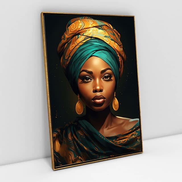 Quadro Decorativo Africana Elegante com Turbante Amarelo e Grandes Brincos Para Sala Estúdio