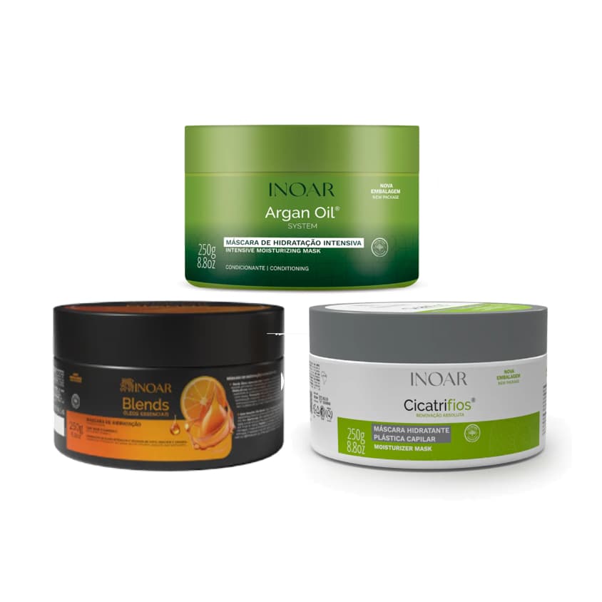 Inoar Kit 3 Máscaras Capilares - Máscara Argan 250g + Máscara Blends 250g + Máscara Cicatrifios 250g