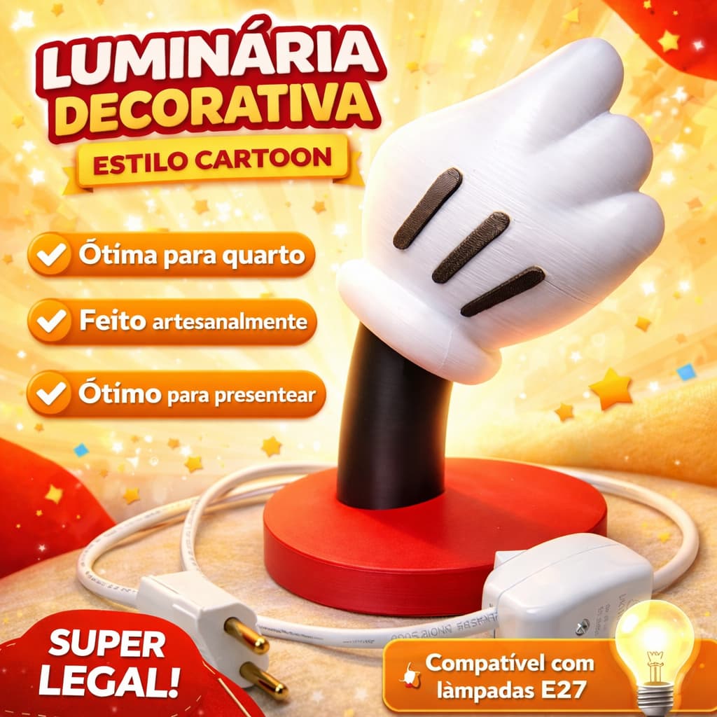 Luminária Mickey Decorativa Estilo Cartoon Quarto de Criança Personagem Abajur para Quarto E27
