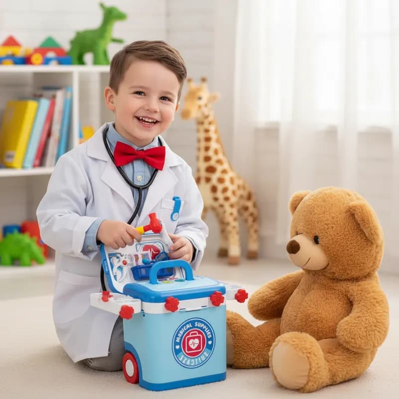 Maleta Médica Infantil 2 em 1 Kit Médico Brinquedo Rodinhas Luz e Som Completo com +20 Acessórios