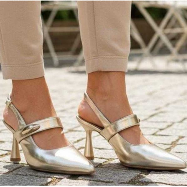 Scarpin Feminino Slingback Dourado Bico Fino Salto Alto 9,0cm Conforto Casual Sofisticado Premium