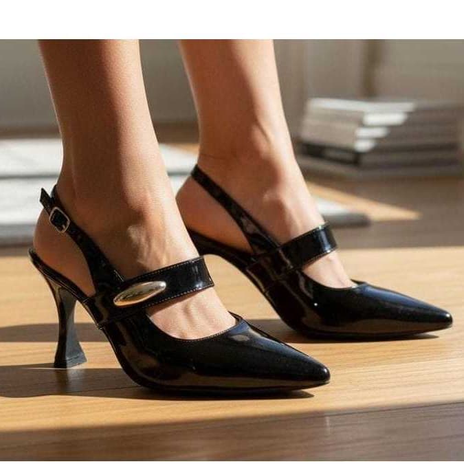 Scarpin Feminino Slingback Preto Bico Fino Salto Alto 9,0cm Confortável Moda Moderno Premium Look