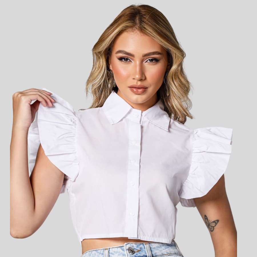 Blusa Cropped Feminina Manga Curta de Babados Elegante