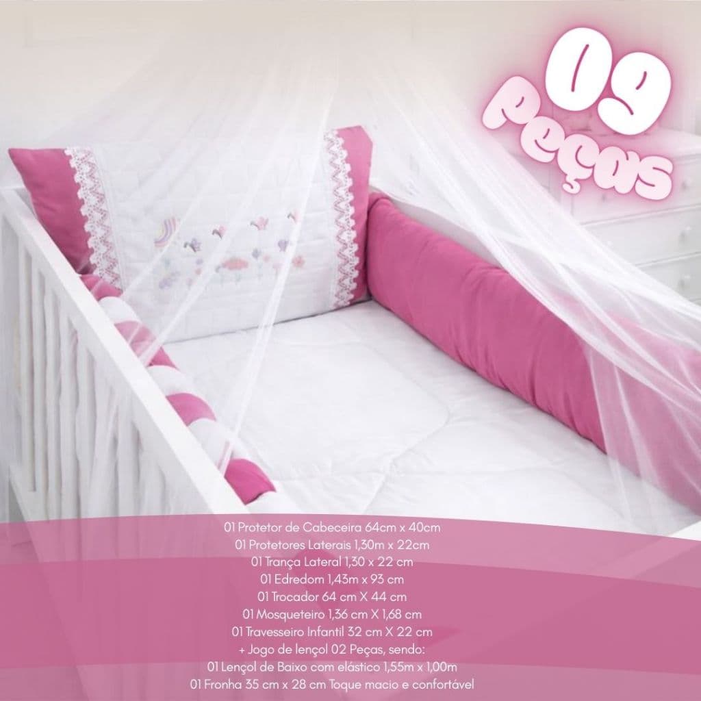 Kit De Berço Completo Americano ou Nacional Menina - Antialérgico - 100% Poliéster - Pink, Rosa, Rosê, Lilás.