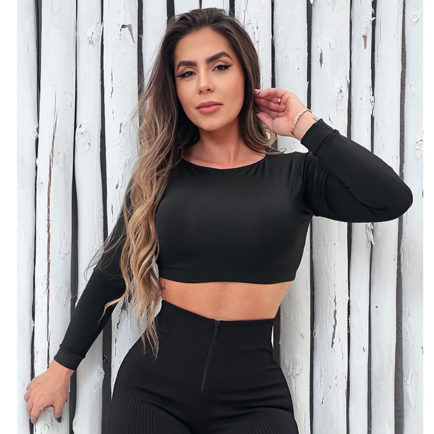 Cropped Manga Comprida Academia Casual Social Confortável Dia a Dia Festa Estilo Pronta Entrega