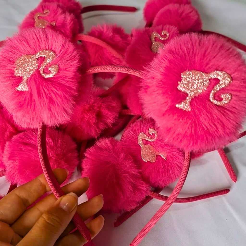 Tiara Pompom Barbie Pink Infantil Penteado Glitter Arquinho
