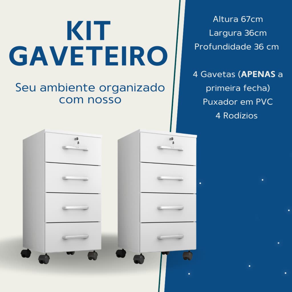 Gaveteiro Organizador Chão Rodinhas Gávea Branco 1 ou 2 unidades