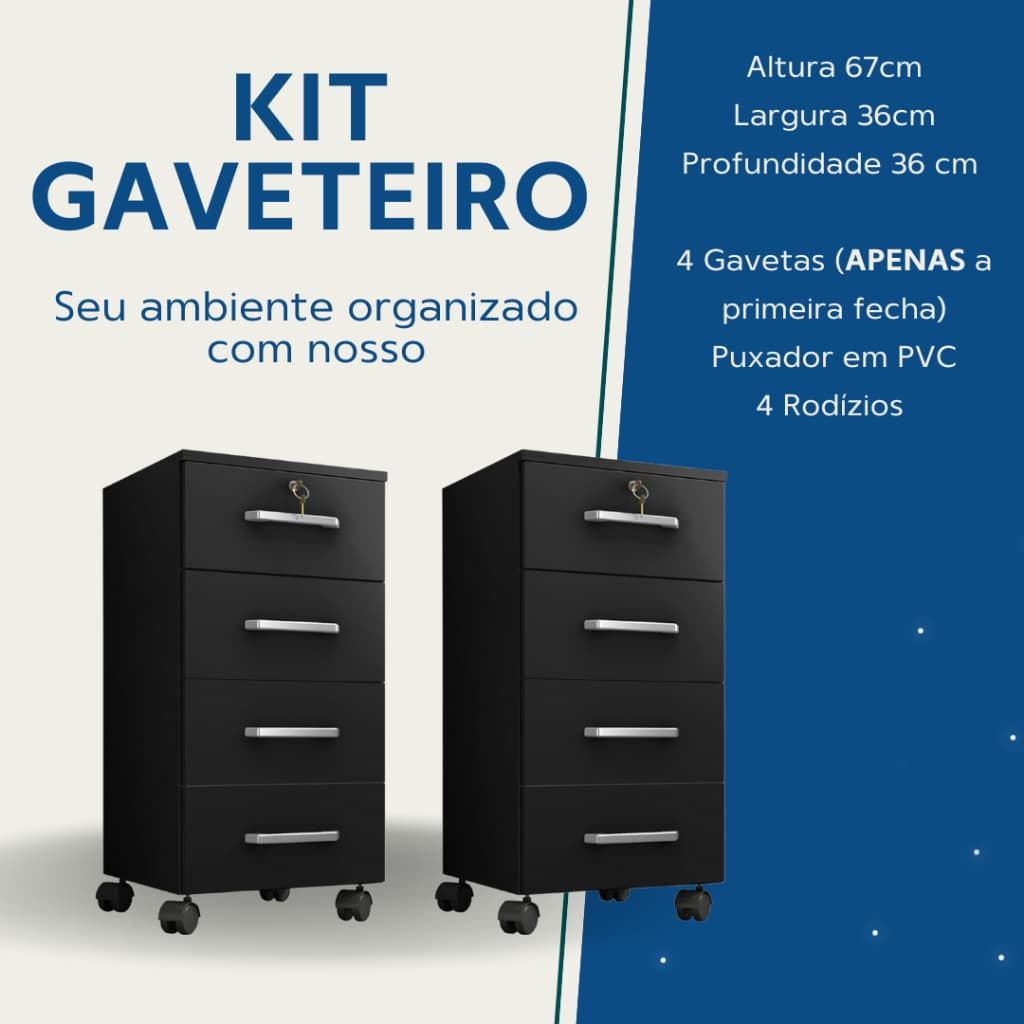 Gaveteiro preto para quarto escritorio com chave e com rodinhas organizado com 1 ou 2 unidades