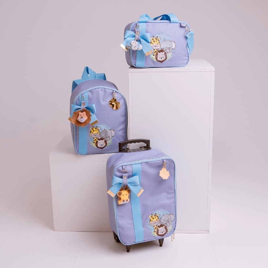 Bolsa Maternidade 3 Peças Mala Mochila Luxo Mala de Rodinha Laço Chaveiro Coleção Safari