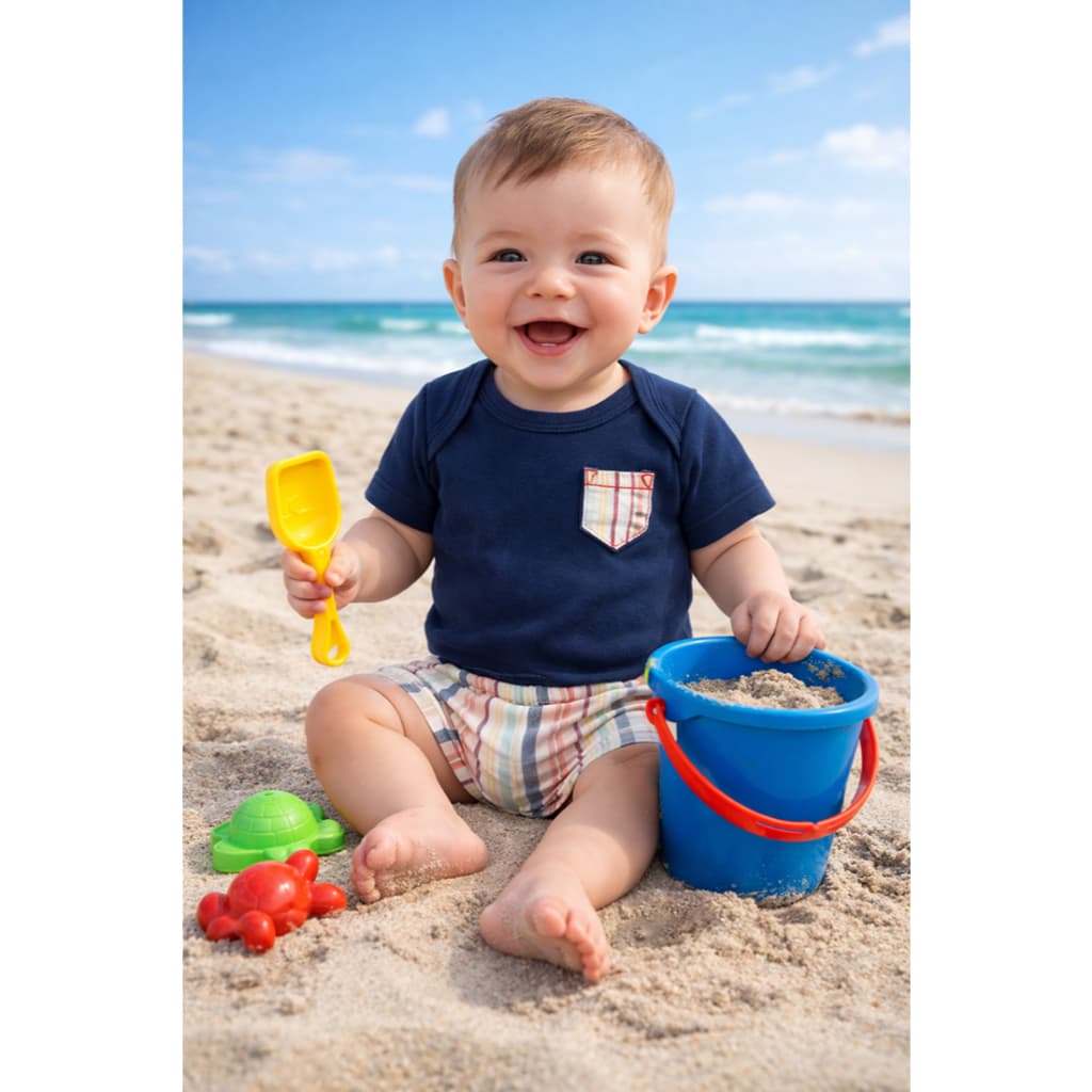 Conjunto Body e Shorts Estampado Xadrez Bebê Menino Verão Praia 2 Peças Bordado