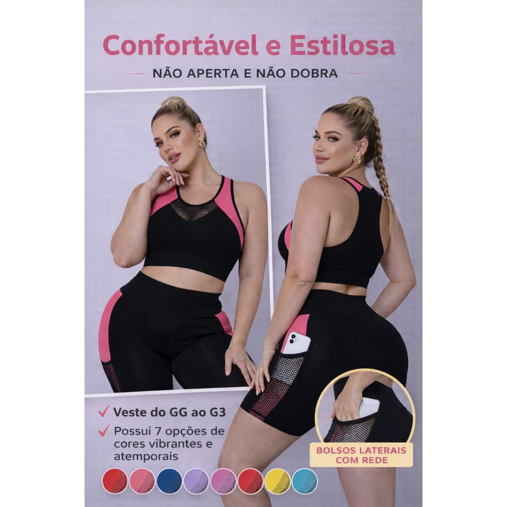 Conjunto de Academia Plus Size Top e Shorts Feminino Cintura Alta