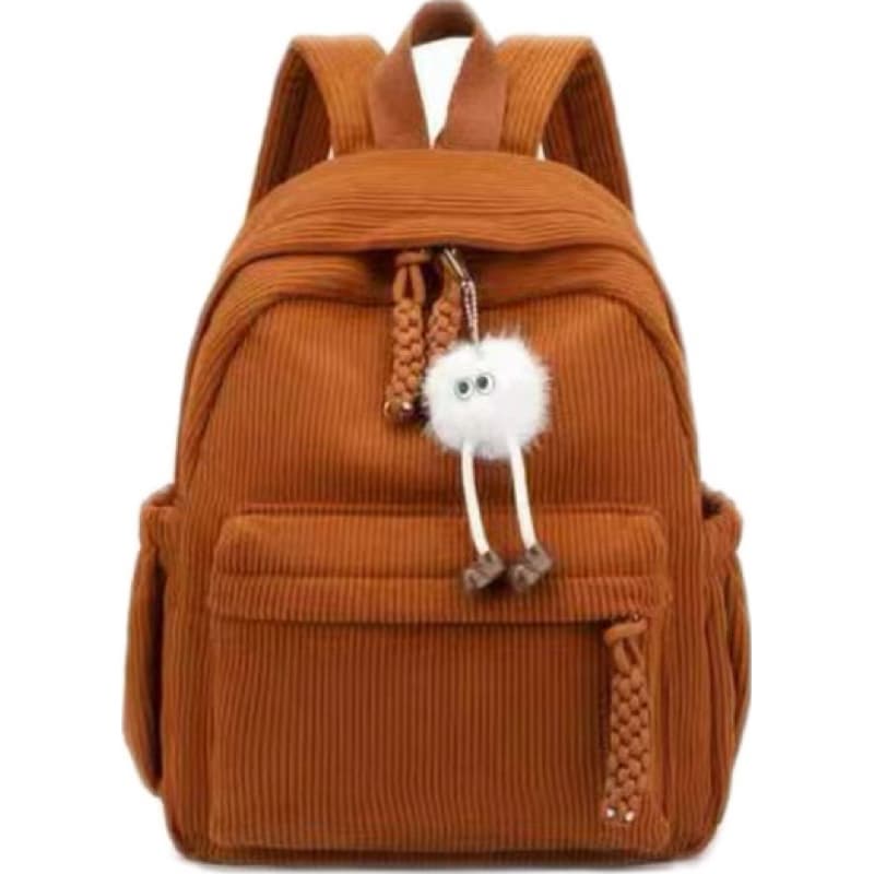 Mochila Feminina de Veludo Cotelê com Pompom | Mochila Escolar Casual Grande Capacidade para Dia a Dia