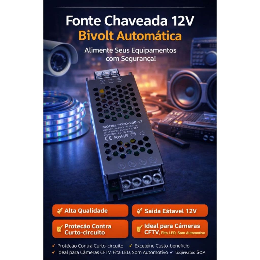 Fonte Chaveada 12V Bivolt 110V/220V Estável p/ Cftv| Câmeras de Segurança| Fita LED | Som Automotivo
