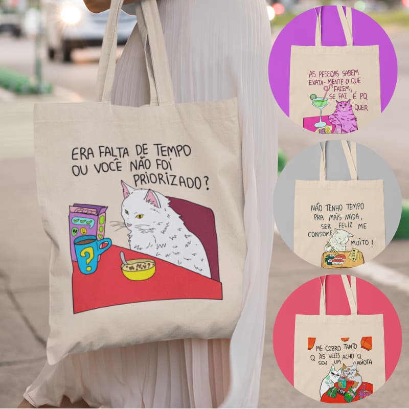 Eco Bag Estampada com Frases Engraçadas de Gatos – Sacola Ecológica de Algodão – Bolsa Reutilizável Criativa