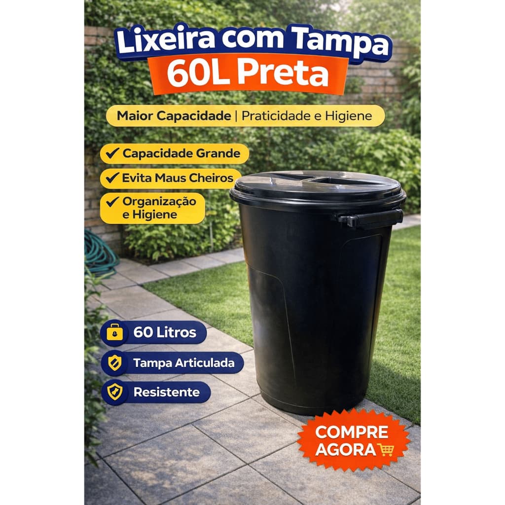 Lixeira com Tampa 60L Grande – Alta Capacidade e Fácil Higienização/ Grande, Durável e Organizador