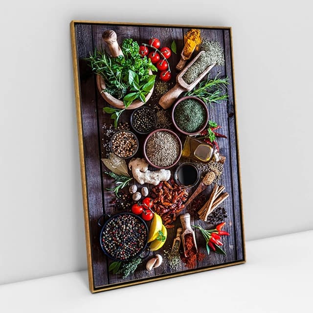 Quadro Decorativo Culinária Rústica Temperos Frescos e Ervas para Cozinha ou Área Gourmet