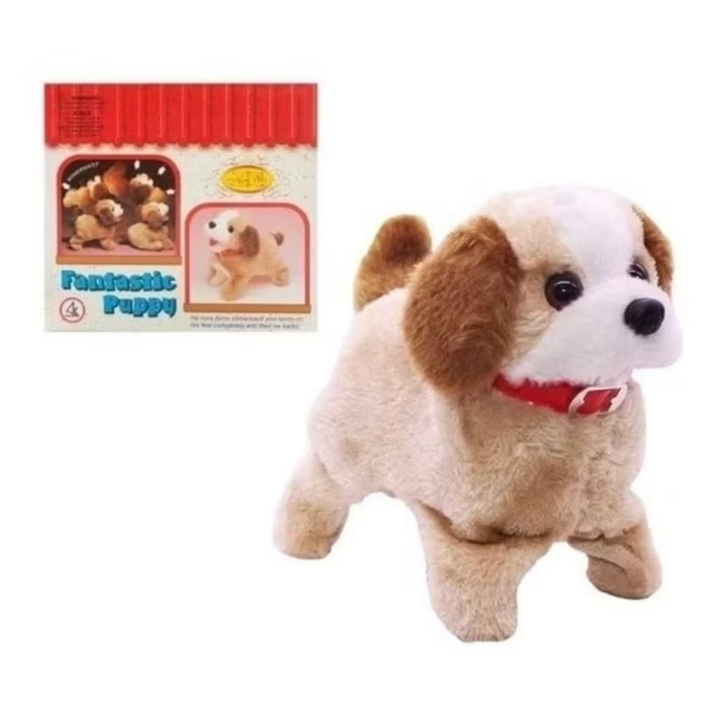Cachorrinho de Pelúcia Bege com Movimento | Anda, Late, Pula e Da Cambalhota - Brinquedo Infantil