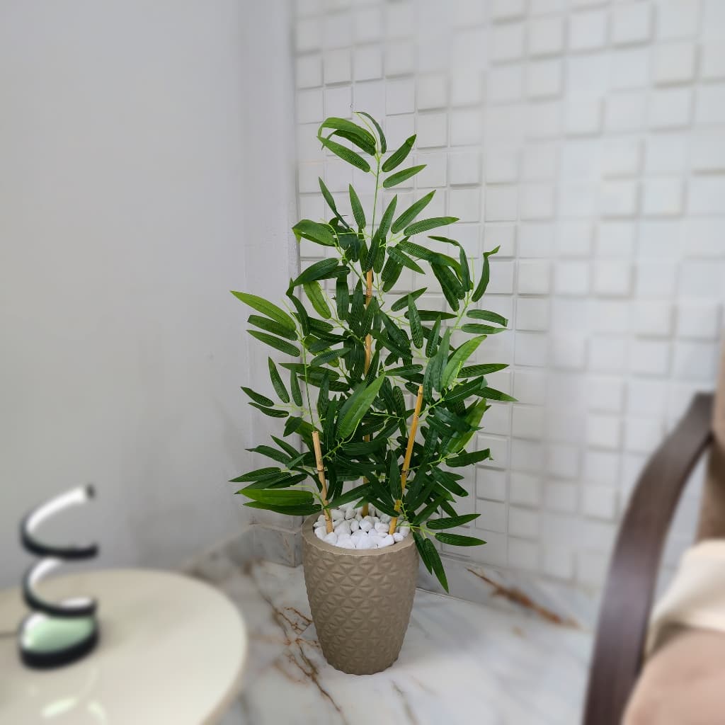 Arranjo Artificial Bambu Folha Grande Vaso Cone Mármore Pedra