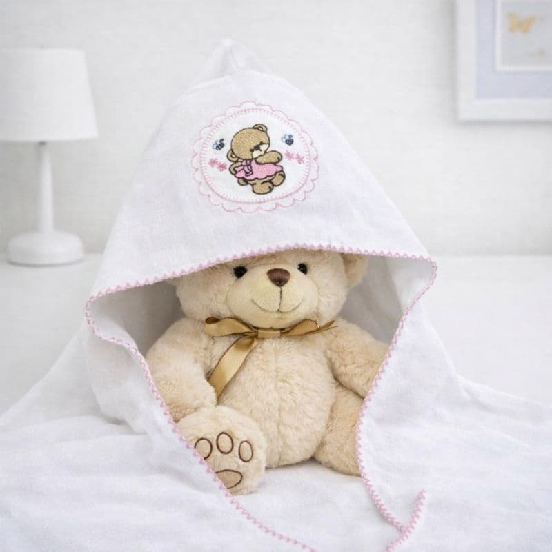 Taoalha de Bebê Flanelada Com Capuz Ursinho Menina e Menino Rosa e Azul 100% Algodão Extra Macia