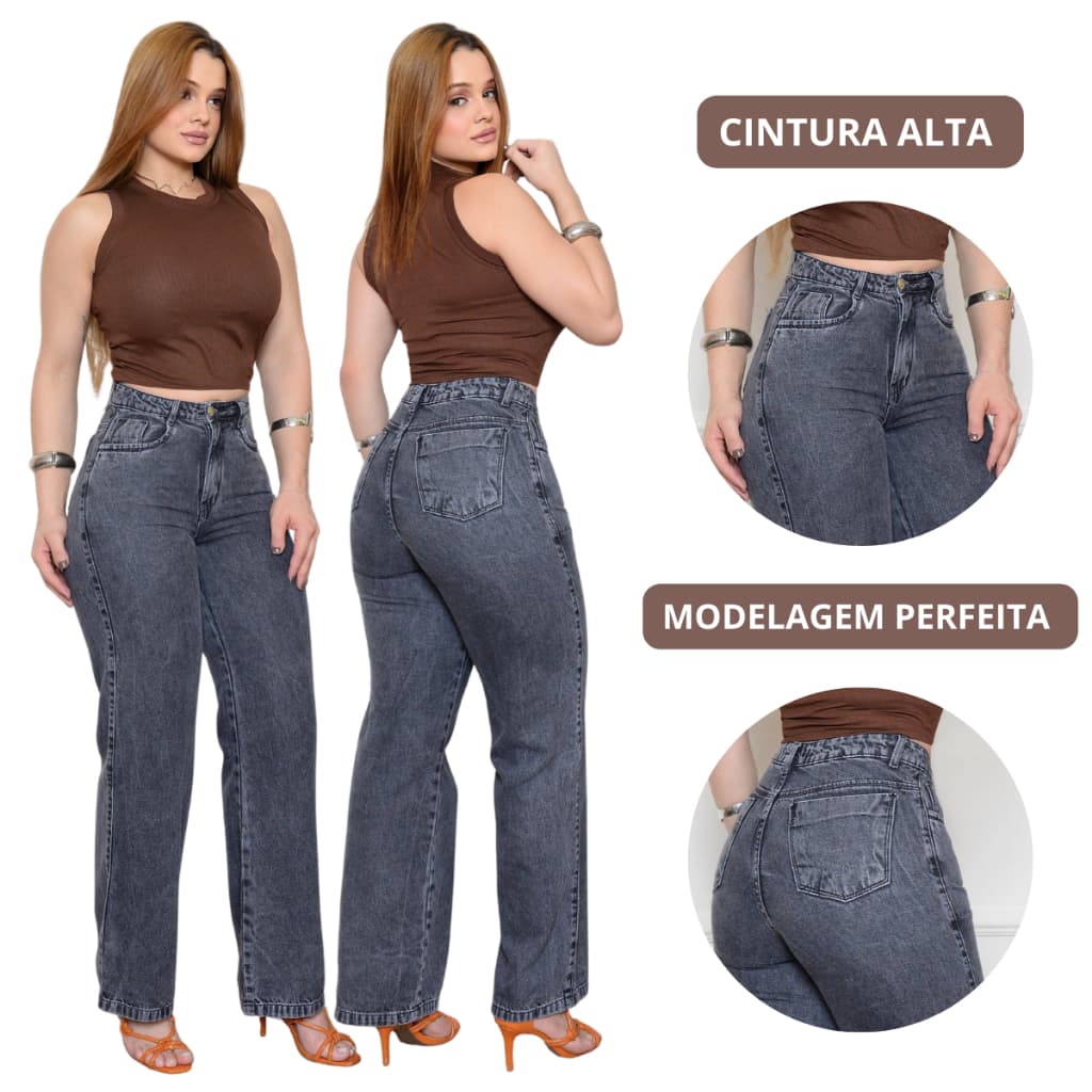 Calça Widi Leg Feminina Jeans Cós Alto Confortável Levanta Bumbum Premium