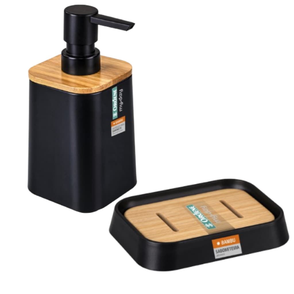 Kit De Banheiro Bambu Porta Sabonete + Dispenser Para Sabonete Plástico
