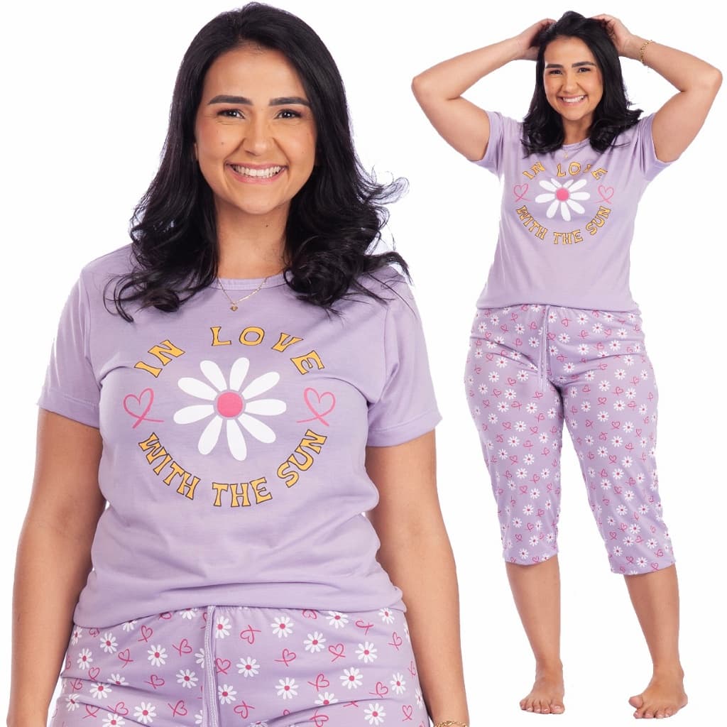 Pijama Pescador Feminino Manga Curta com Bermuda Capri – Conforto e Tecido Macio