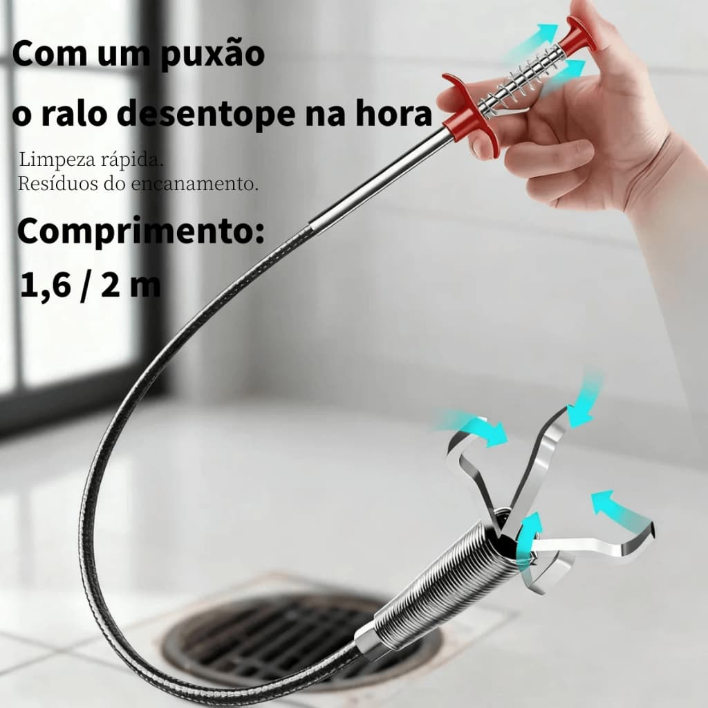 Garra de Limpeza Multifuncional Desentupidor Limpador de Pias Canos e Ralos 1,6/2 metros com Garra