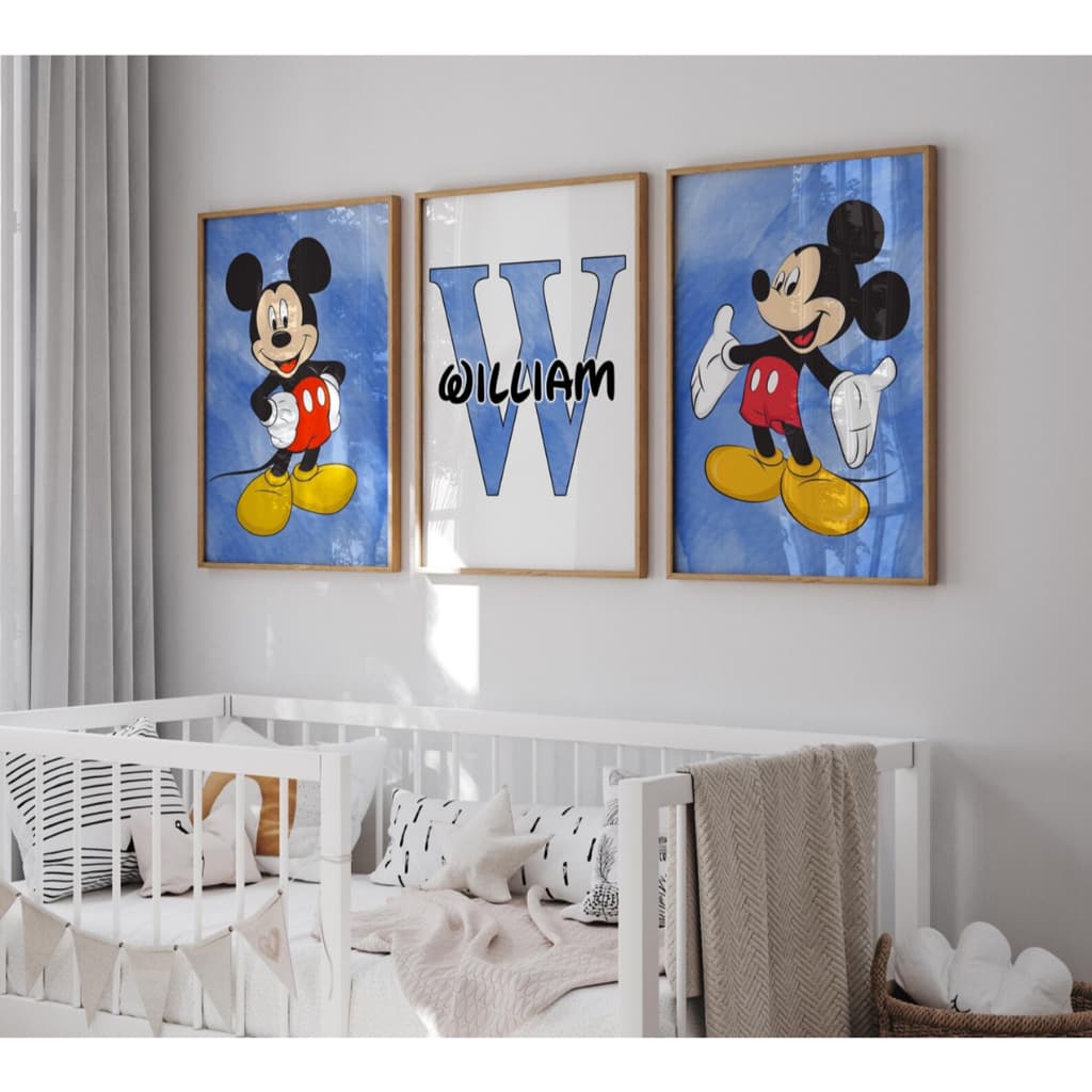 Kit Quadros Decorativos Trio 20x30 Mickey Mouse Nome Personalizado Infantil Menino