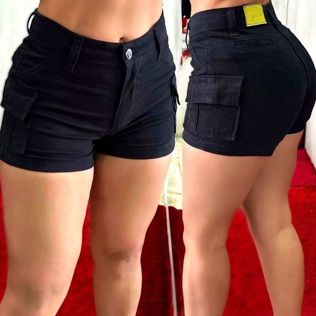 Short Cargo Jeans Sarja Preto Feminino Cintura Alta Modela Bumbum Linha Premium Bolsos Laterais