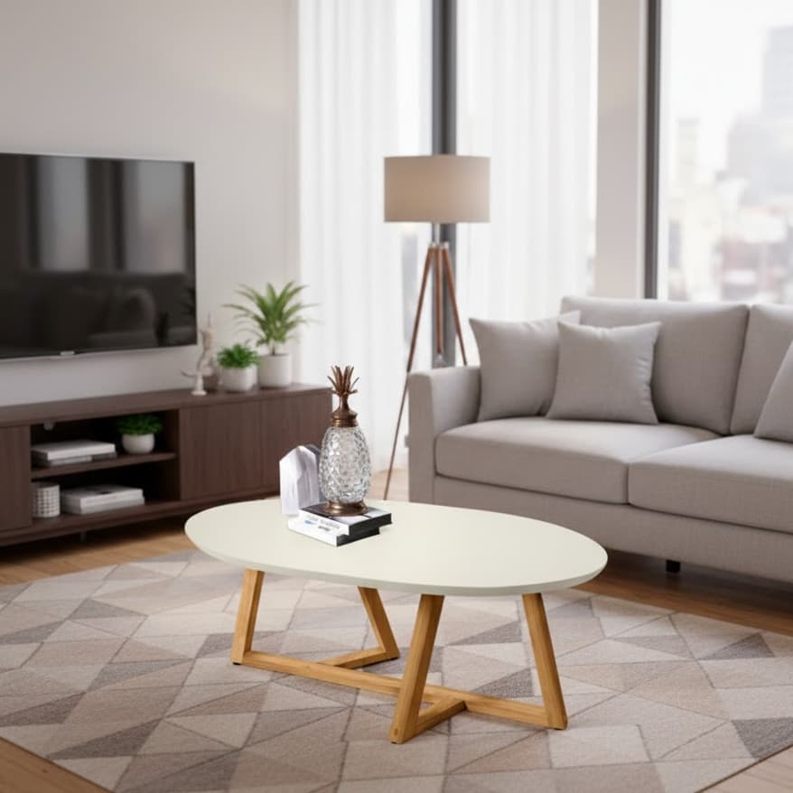 Mesa de Centro Classic Tampo Chanfrado Oval Sala e Quarto - Pinus e MDF