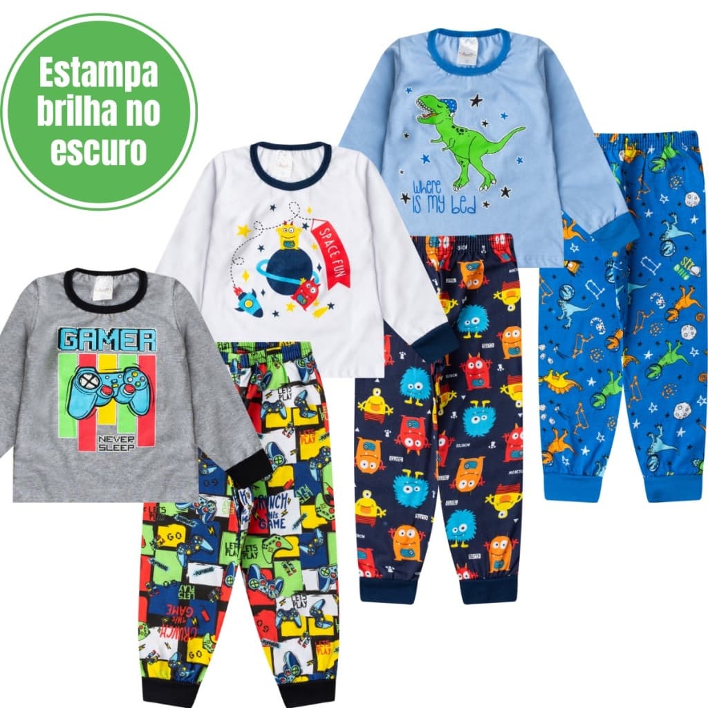 Kit 3 Pijamas Infantil Menino Algodão, Roupa de dormir