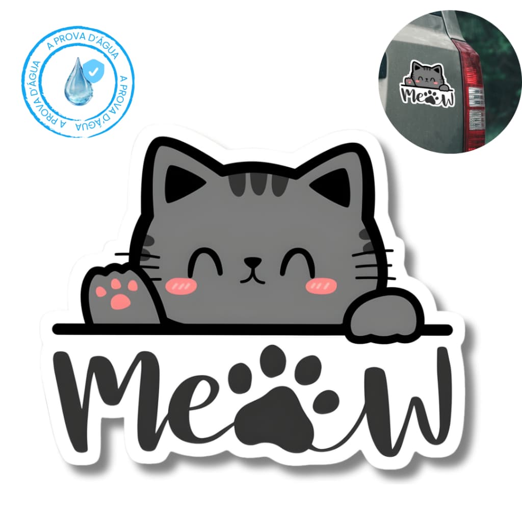 Kit 2 Adesivos Gatinho Meow Fofo Vinil Decorativo Para Carro Moto A Prova D'Água