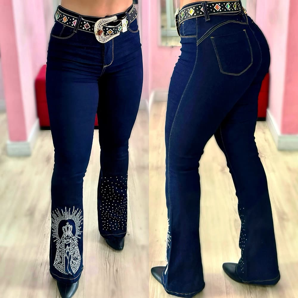Calça Country Flare Jeans Feminina N. Sra. Aparecida Padroeira Cintura Alta Brilhos Rodeio Cavalgada