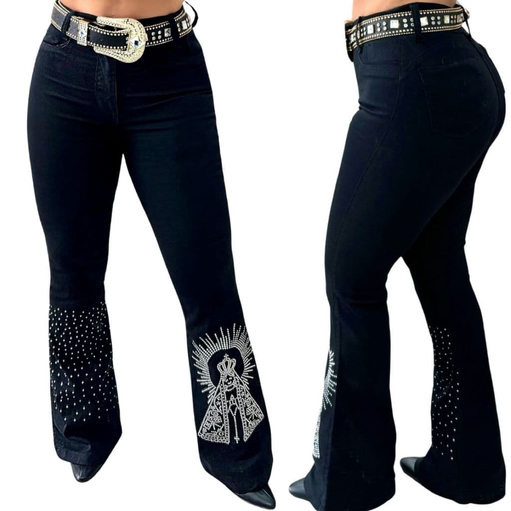 Calça Country Flare Jeans Feminina Nossa Senhora Aparecida Cintura Alta com Brilhos Rodeio Cavalgada