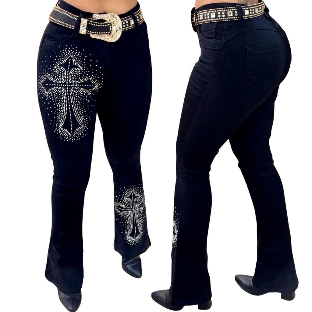 Calça Country Flare Jeans Feminina de Luxo 2 Cruz Cintura Alta Modela Bumbum Brilhos Rodeio Cavalgada