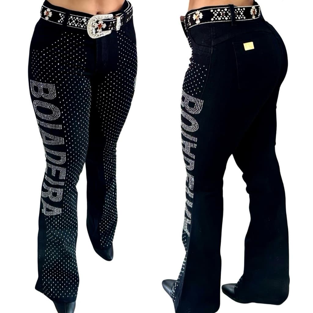 Calça Country Flare Jeans Feminina Boiadeira Cintura Alta com Brilhos Luxo Rodeio Cavalgada